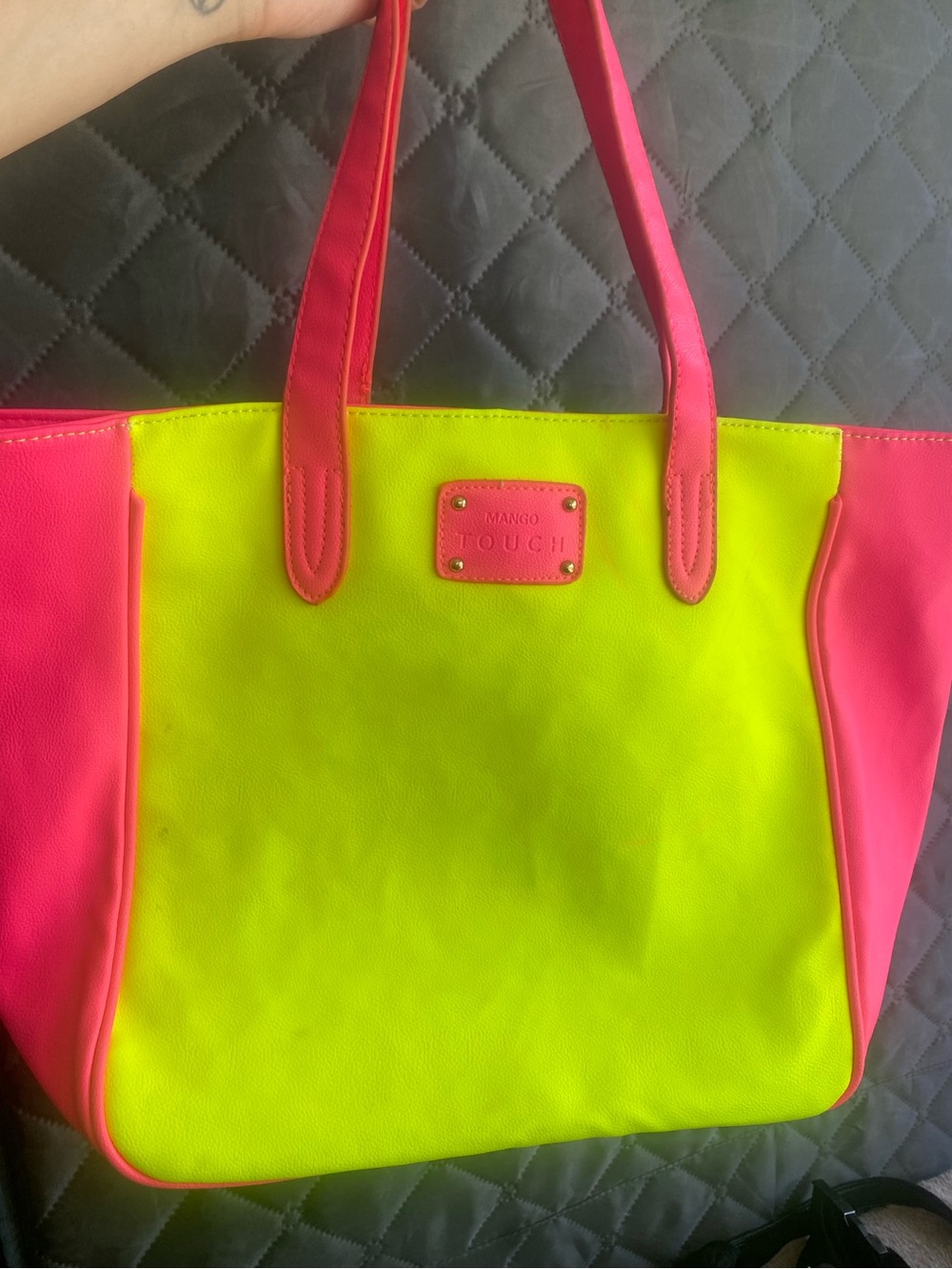 Mango Touch Neon Lime & Hot Pink Colorblock Statement Tote Bag